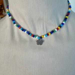 Pony Bead Necklace with Silver Charm Handmade Vintage Boho  EUC